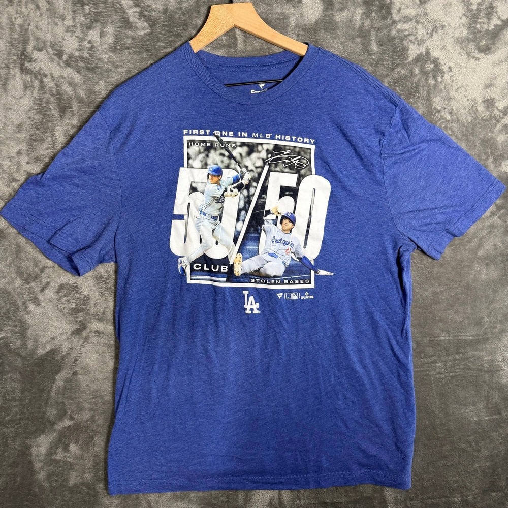 Fanatics Mens MLB Dodgers 50/50 Club Home Runs Stolen Bases Blue T Shirt XL